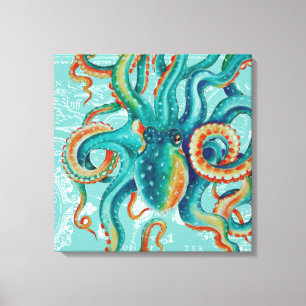 Kraken-aquamariner Vintager KarteWatercolor Leinwanddruck
