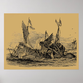 Kraken Attacks Ship Vintag Steampunk Poster