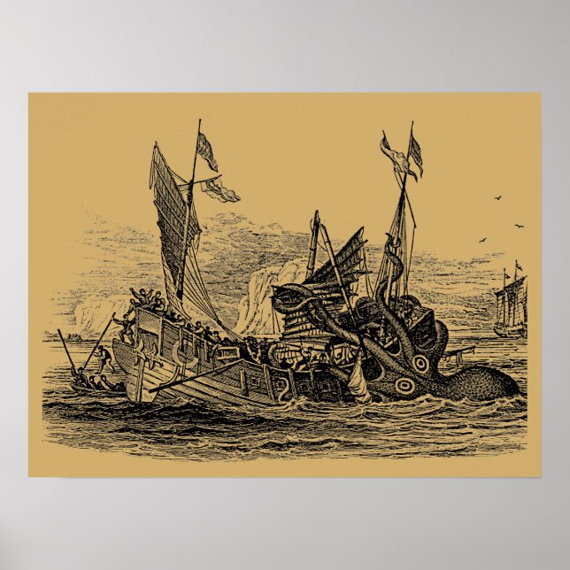 Kraken Attacks Ship Vintag Steampunk Poster (Vorne)