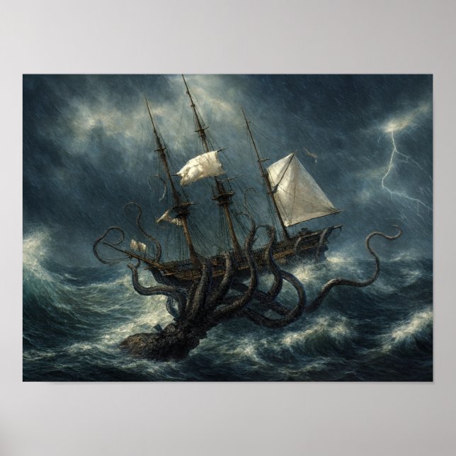 Kraken greift Schiff Steampunk an Poster (Vorne)
