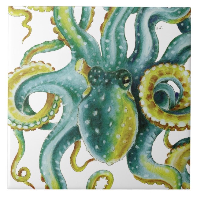 Kraken-grüne Tentakel-Aquarell-Kunst Fliese (Vorderseite)