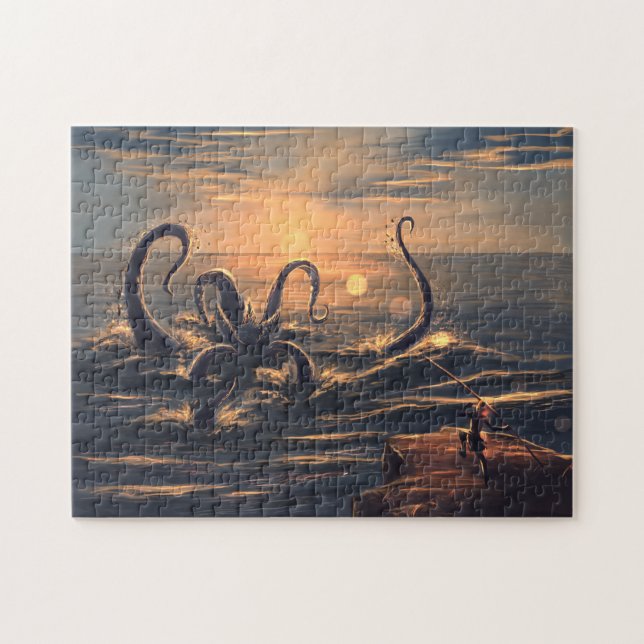 Kraken im Meer bei Sonnenuntergang Puzzle (Horizontal)