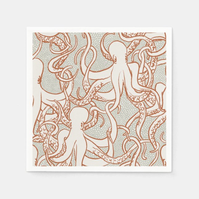Kraken-Linienkunst | Servietten (Orange & Grau) (Vorderseite)
