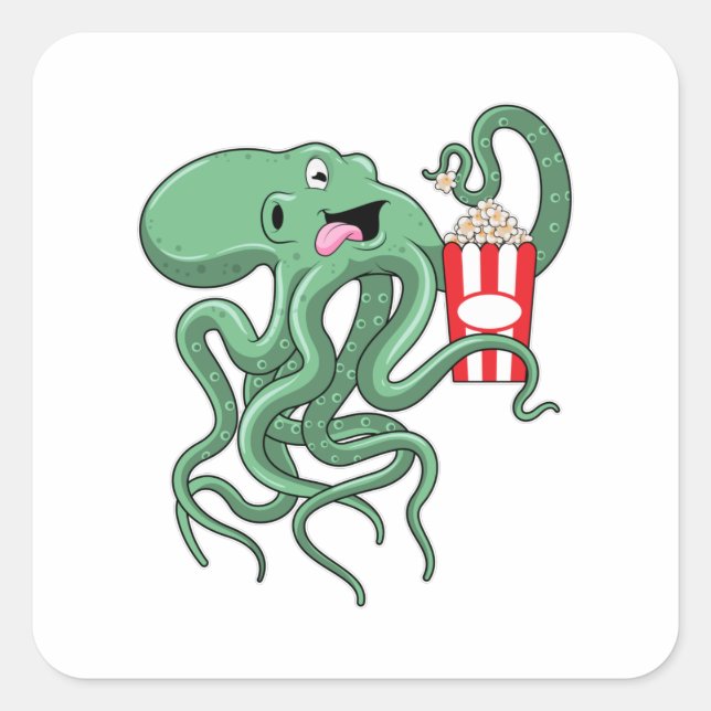 Kraken mit Popcorn Quadratischer Aufkleber (Vorderseite)
