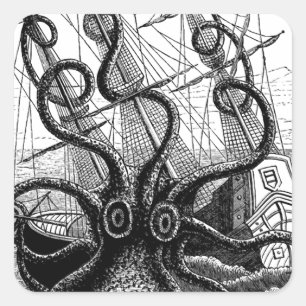 Kraken/Oktopus, die ein Piratenschiff essen, schwa Quadratischer Aufkleber