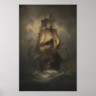 Kraken-Piraten Schiff, Riesentintenfisch-Gemälde, Poster