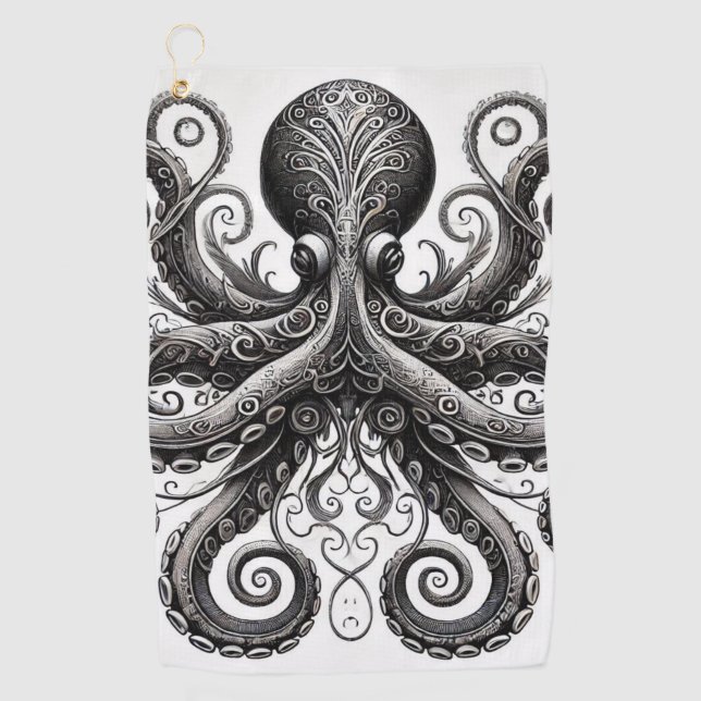 Kraken Steampunk Octopus Verziert Black Golfhandtuch (Vorderseite)