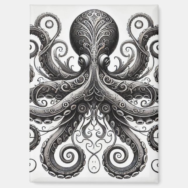 Kraken Steampunk Octopus Verziert Black Magnet (Vorderseite)