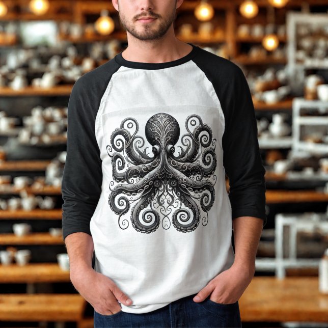 Kraken Steampunk Octopus Verziert Black T-Shirt (Von Creator hochgeladen)