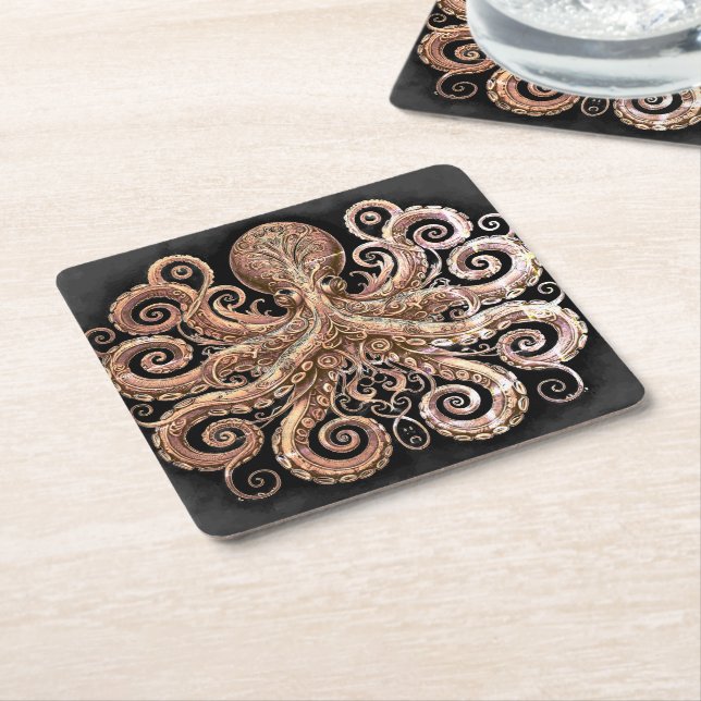Kraken Steampunk Octopus Verziert Gold Black Rechteckiger Pappuntersetzer (angewinkelt)
