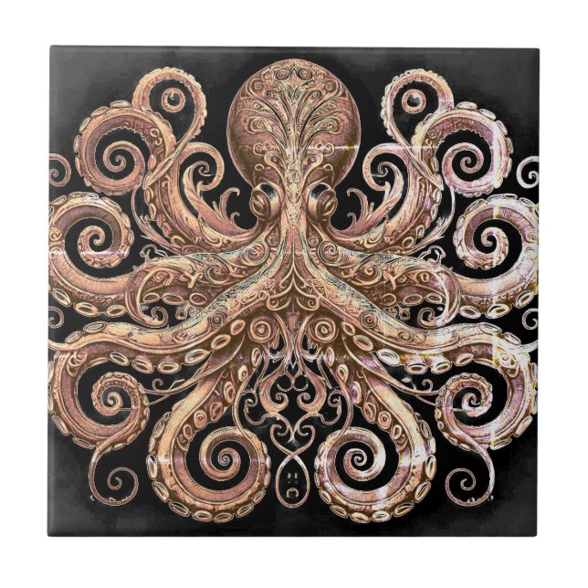 Kraken Steampunk Octopus Verziert Gold und Black Fliese (Vorderseite)