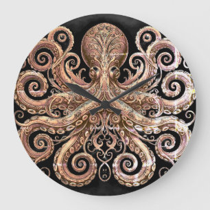 Kraken Steampunk Oktopus Ornamental Gold Schwarz Große Wanduhr