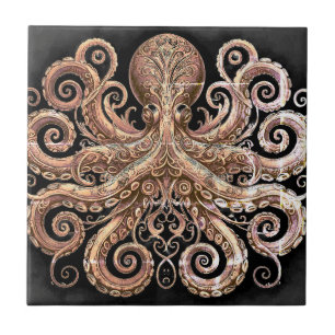 Kraken Steampunk-Oktopus Verziert Gold und Schwarz Fliese