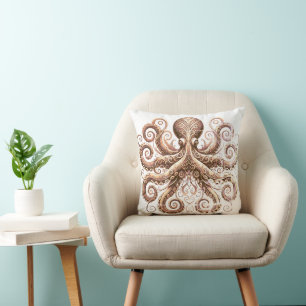 Kraken Steampunk Oktopus Verziert Gold Weiß Kissen