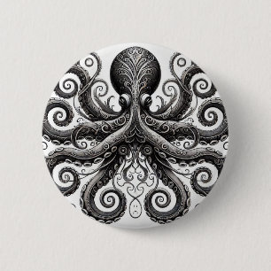 Kraken Steampunk Tintenfisch Verziert Schwarz Button