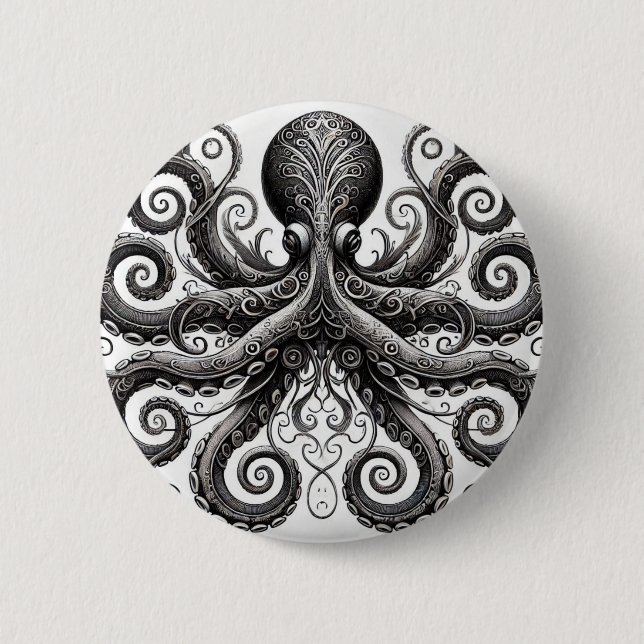 Kraken Steampunk Tintenfisch Verziert Schwarz Button (Vorderseite)