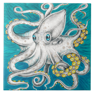 Kraken Tentacles Grüne aquamarine Tinte Fliese