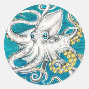 Kraken Tentacles Grüne aquamarine Tinte Runder Aufkleber