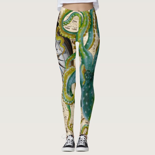 Kraken-Tentakel-Kompass-Musik Leggings (Vorderseite)
