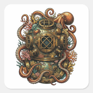 Kraken's Umarmung - Vintage-Tauchhelm Quadratischer Aufkleber