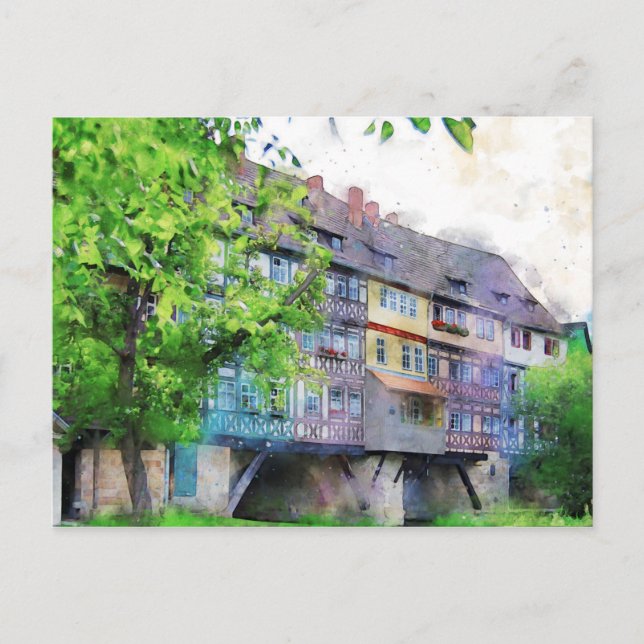 Krämerbrücke in Erfurt. Fachwerkhäuser auf Postkarte (Vorderseite)