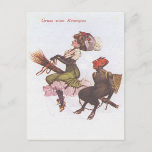 Krampus auf Besen mit Frau Postkarte