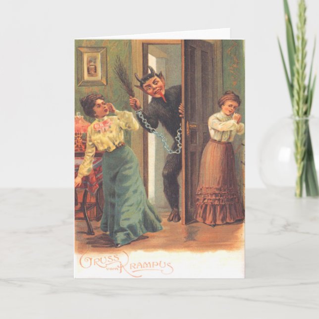 Krampus Bestrafung von Frauen Feiertagskarte (Vorderseite)