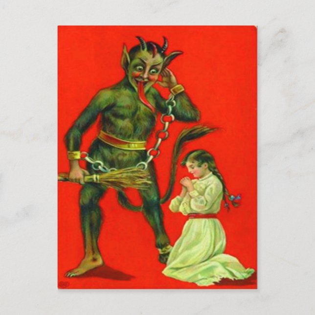 Krampus, der ein schlechtes Mädchen bestraft Postkarte (Vorderseite)