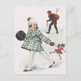 Krampus jagen ein kleines Mädchen mit Puppe Postkarte