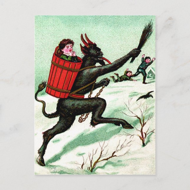 Krampus jagen schlechten Kindern Winterschnee Postkarte (Vorderseite)