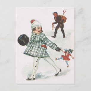 Krampus jagt ein kleines Mädchen mit Puppe Postkarte