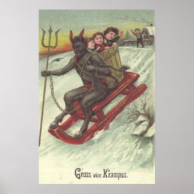 Krampus Kidnapping Kinder auf der Schlittelbahn Poster (Vorne)
