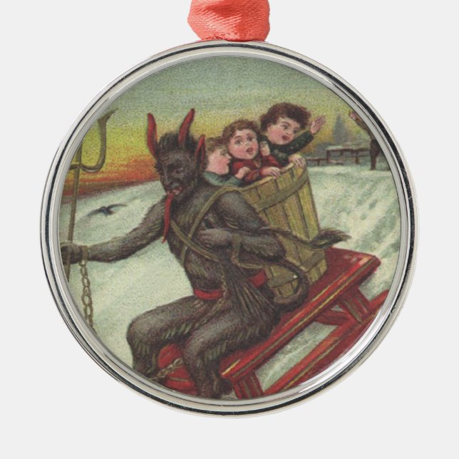 Krampus Kidnapping Kinder auf der Schlittelbahn Silbernes Ornament (Vorne)