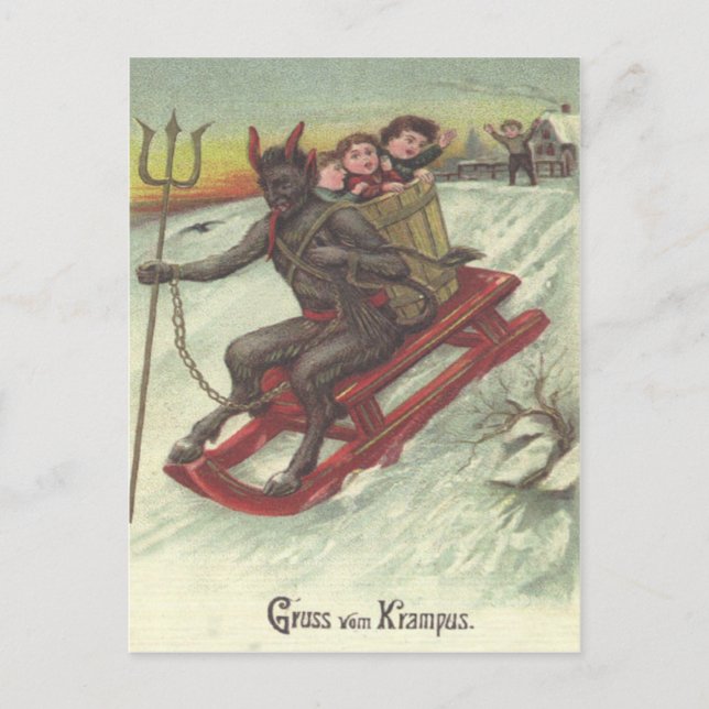 Krampus Kidnapping Kinder auf Schlitten Postkarte (Vorderseite)