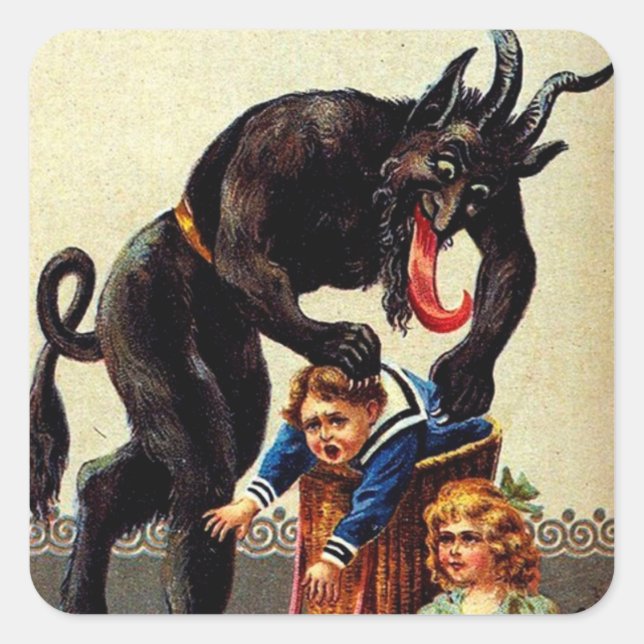 Krampus Kinder im Korb Weihnachtsaufkleber Quadratischer Aufkleber (Vorderseite)