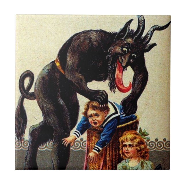 Krampus Kinder in Basket Vintager Weihnachtsfeiert Fliese (Vorderseite)