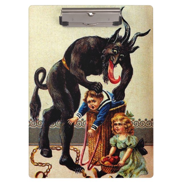 Krampus Kinder in Basket Vintager Weihnachtsfeiert Klemmbrett (Vorderseite)