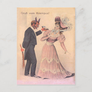 Krampus macht einer Frau einen Heiratsantrag Postkarte