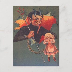 Krampus mit Mädchen und Heugabel Postkarte
