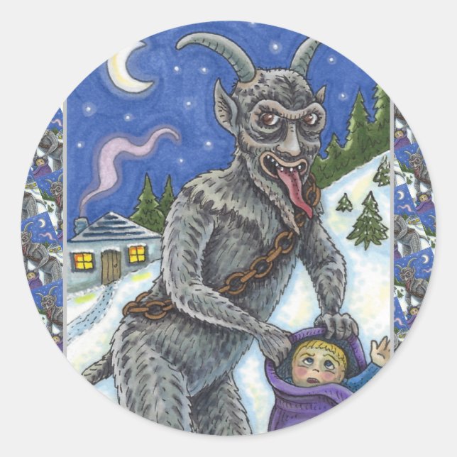 KRAMPUS & NAUGHTY KINDER, BEÄNGSTIGENDE CHRISTMAS  RUNDER AUFKLEBER (Vorderseite)
