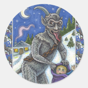 KRAMPUS & NAUGHTY KINDER, BEÄNGSTIGENDE CHRISTMAS  RUNDER AUFKLEBER