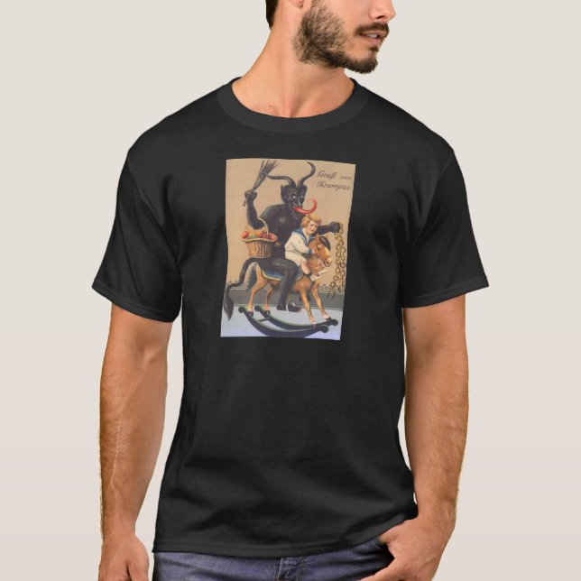 Krampus Reiten Hobbypferd mit Junge T-Shirt (Vorderseite)