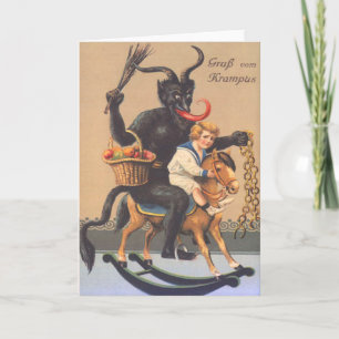 Krampus reitet auf einem Steckenpferd mit einem Ju Feiertagskarte