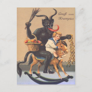Krampus reitet auf einem Steckenpferd mit einem Ju Postkarte