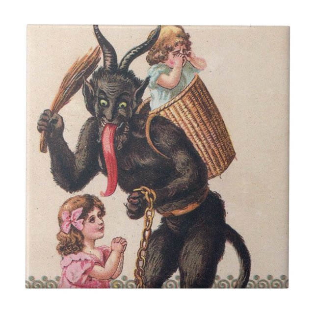 Krampus Scarling Girls Vintag Weihnachten Fliese (Vorderseite)