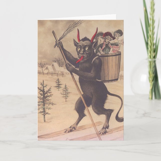 Krampus Skifahren-Entführungs-Frauen Feiertagskarte (Vorderseite)