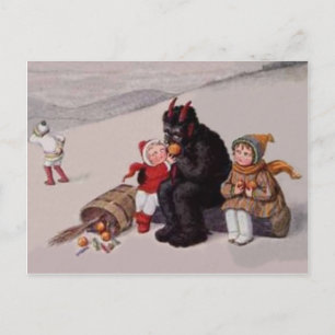 Krampus spielt mit Kindern im Schnee Postkarte