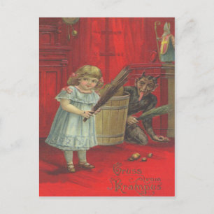 Krampus spielt mit Mädchen Postkarte