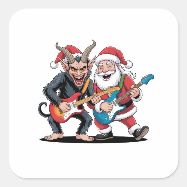 Krampus und Santa Playing Electric Guitar Xmas Quadratischer Aufkleber (Vorderseite)