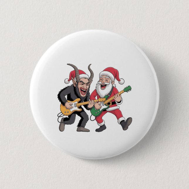 Krampus und Santa Playing Gitarre Electric Xmas Button (Vorderseite)
